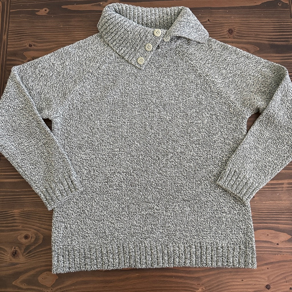 Karen Scott Women's Sweater Size M Green White Speckled Knit Stand-Up Collar